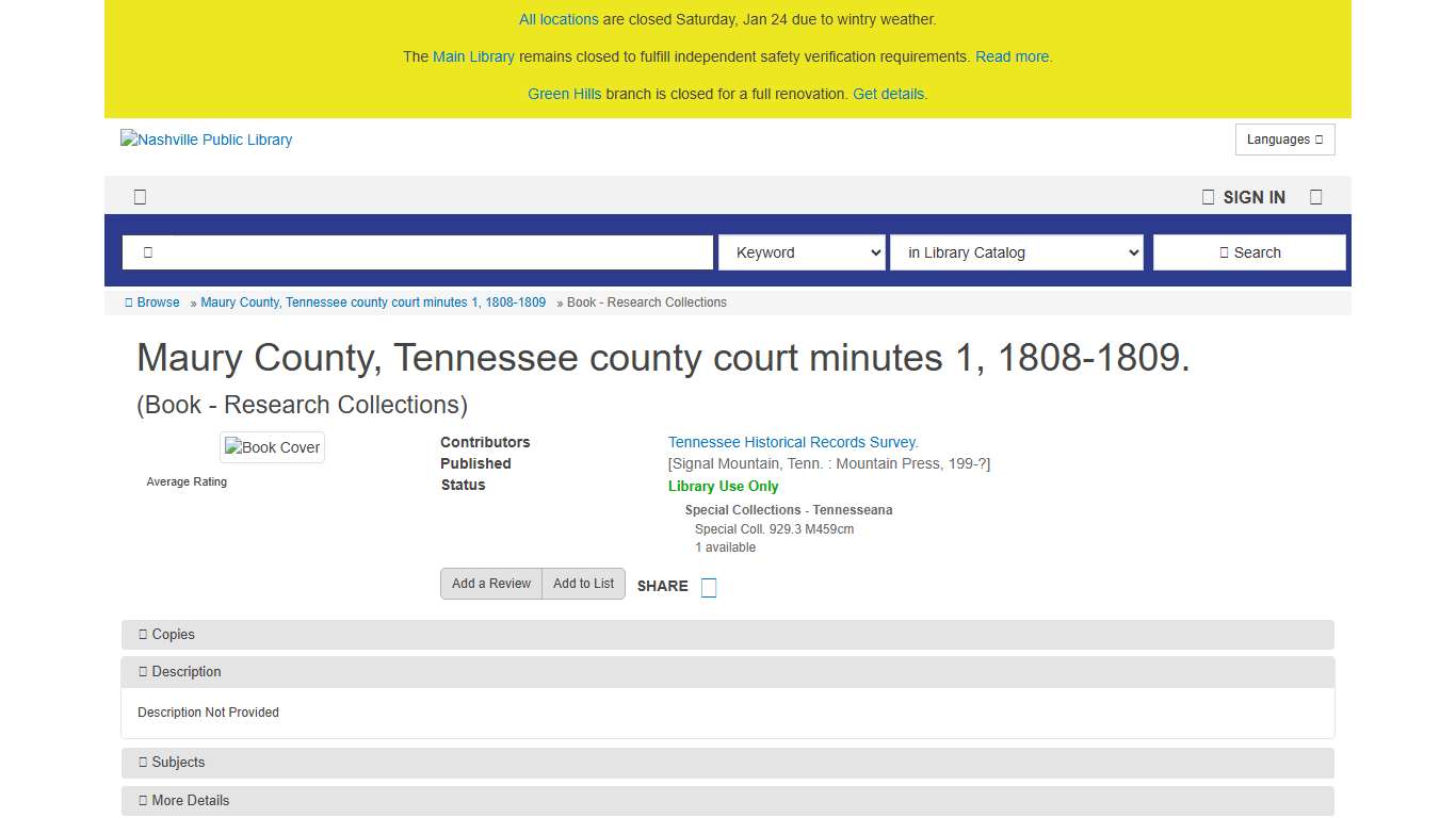 Maury County, Tennessee county court minutes 1, 1808-1809. Nashville Public Library